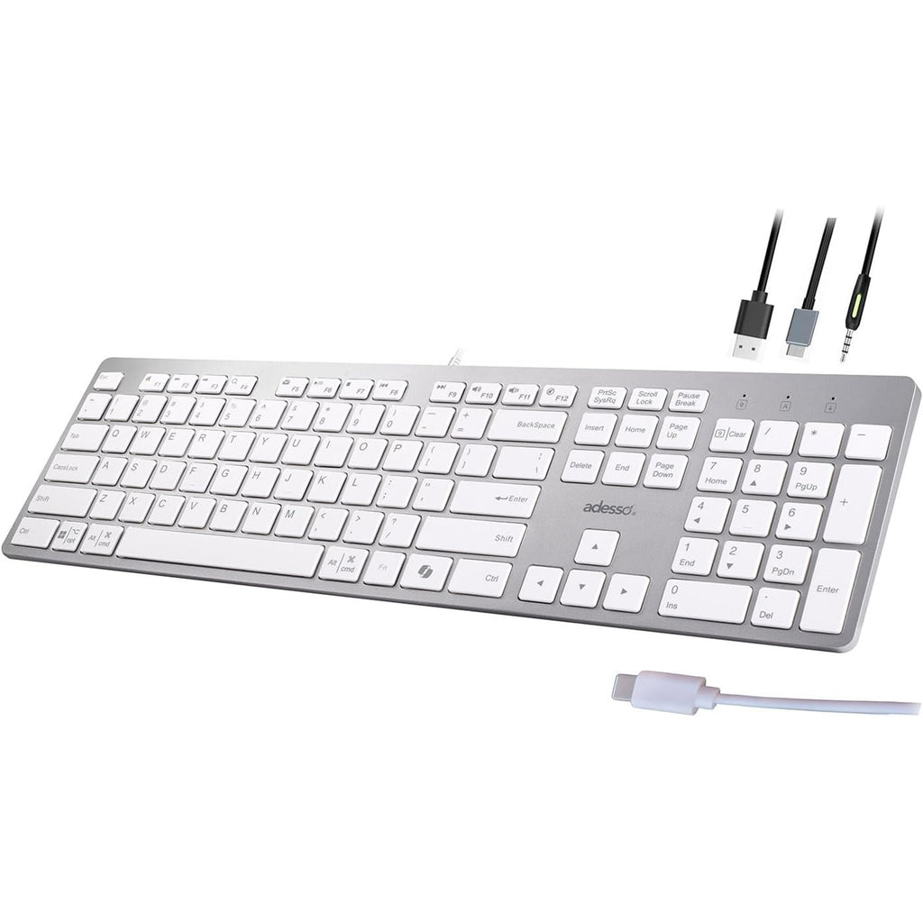 Adesso - Wired USB-C Keyboard with Co-Pilot Shortcut, USB-A, USB-C and 3.5mm Jack, Grey - - Mounts For Less