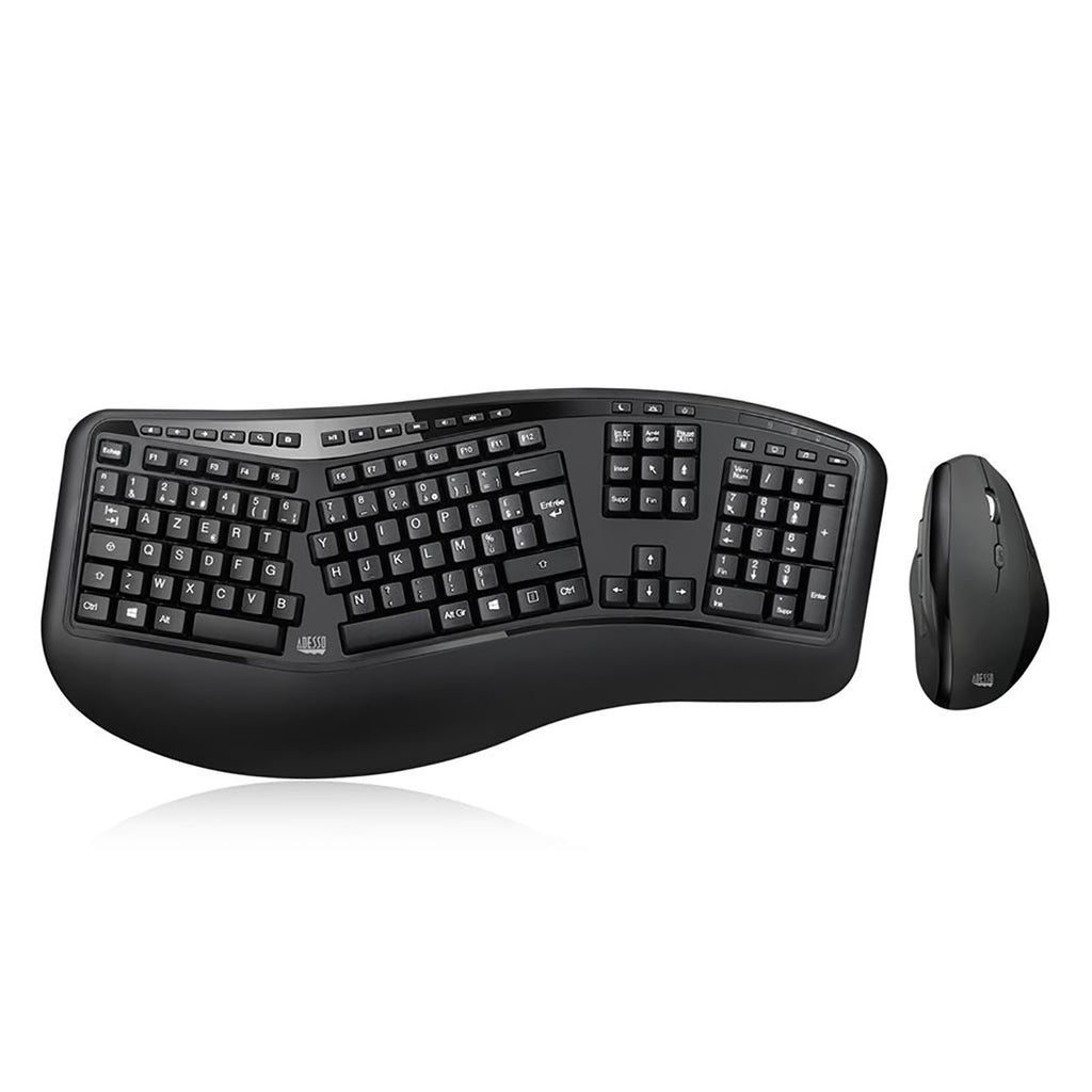 Adesso - Wireless Ergonomic Keyboard and Mouse Set, French-Canadian, Black - - Mounts For Less