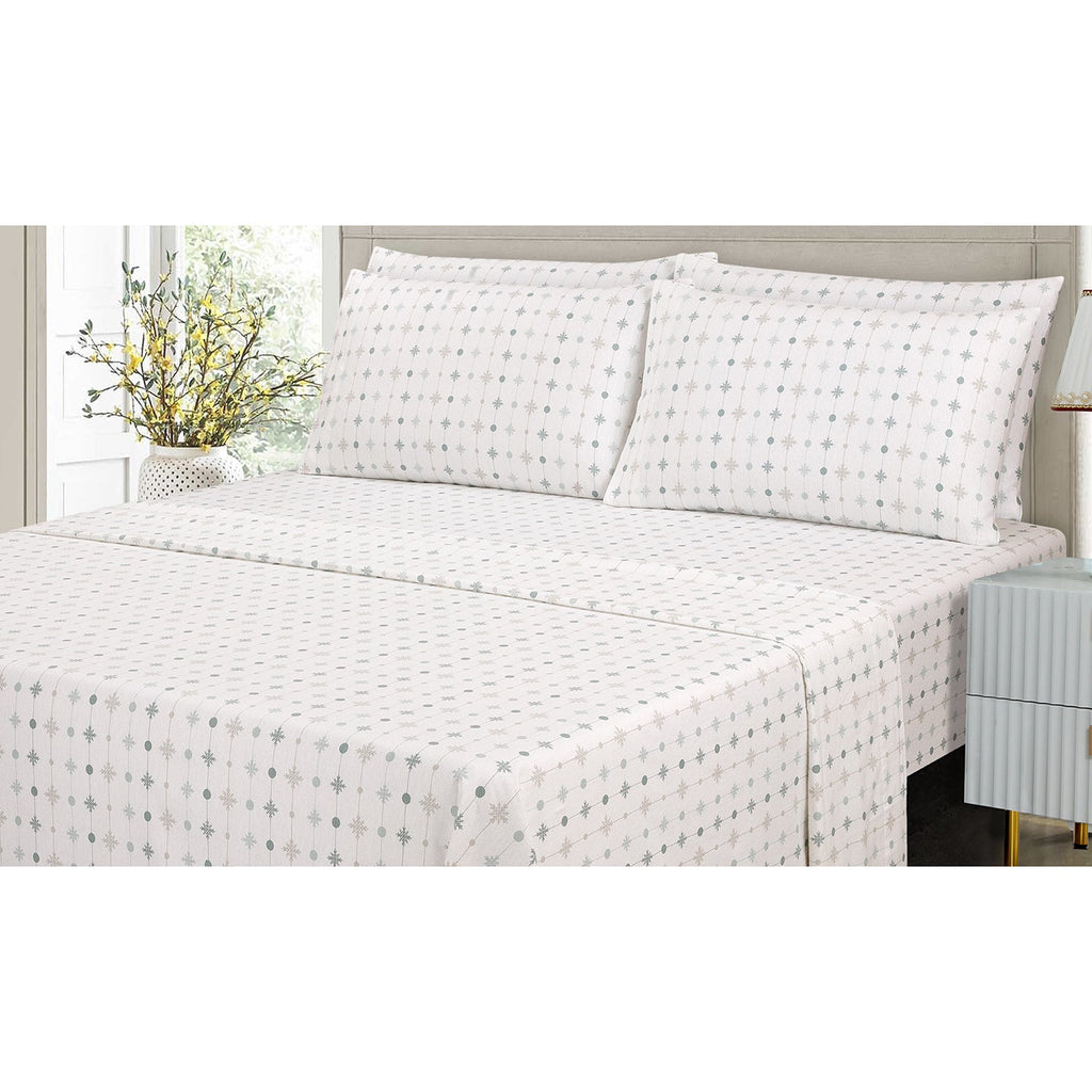 Cotton House - Flannel Sheet Set, 100% Cotton, Festive Snowflakes Design (4 Sizes Available) - - Mounts For Less