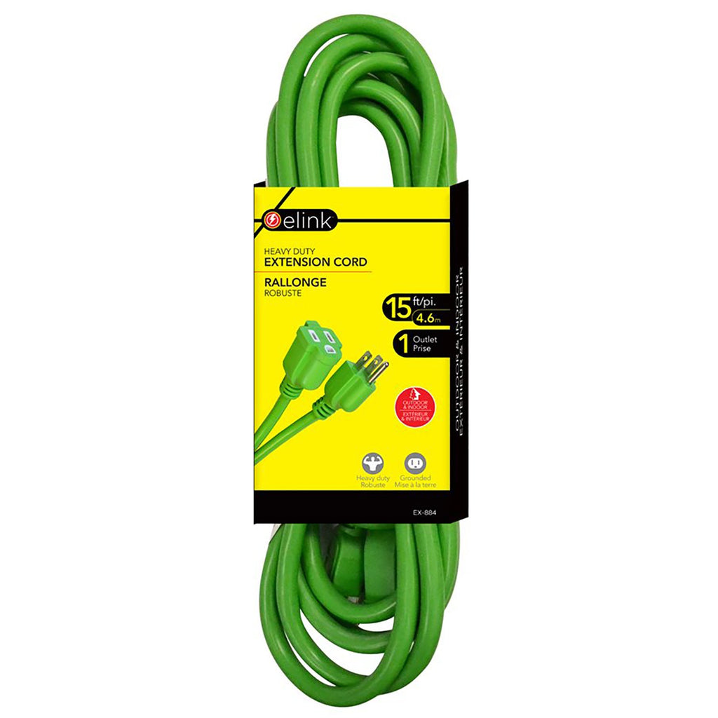 Elink - 1 Outlet Outdoor Electrical Extension Cord, 15 Feet Length, Green - - Mounts For Less