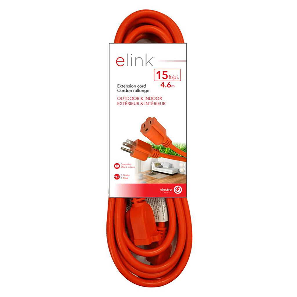Elink - 1 Outlet Outdoor Electrical Extension Cord, 15 Feet Length, Orange - - Mounts For Less
