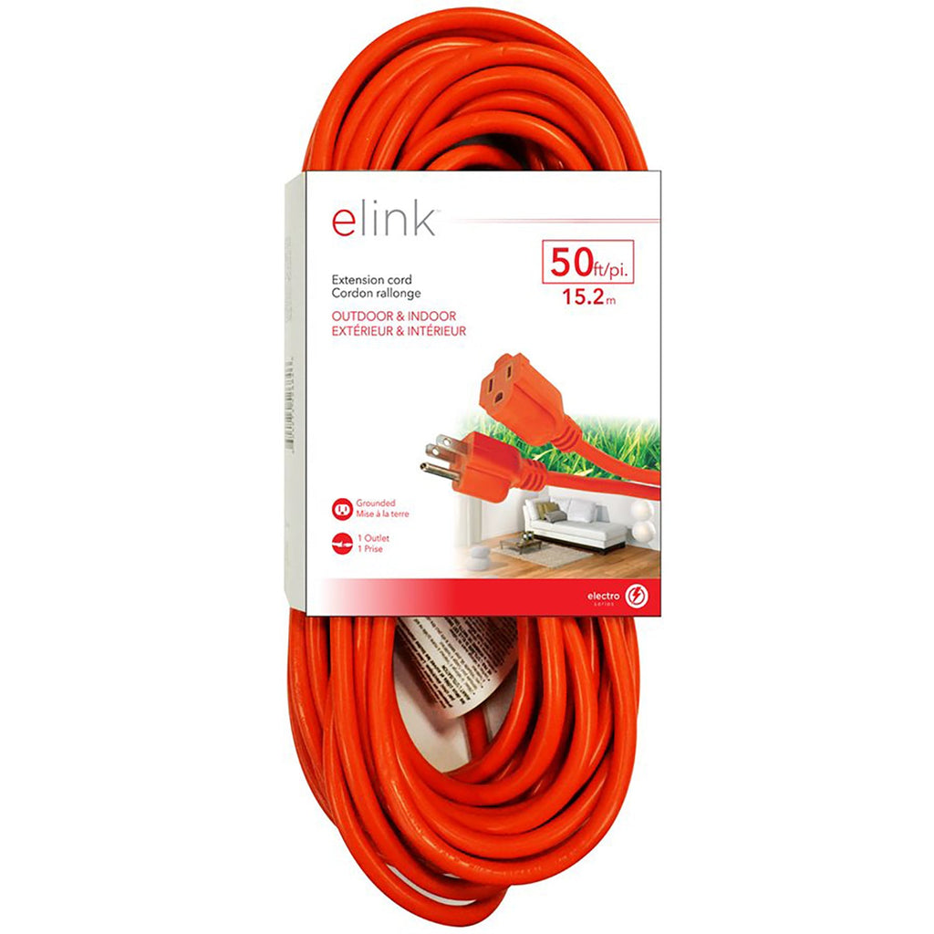 Elink - 1 Outlet Outdoor Electrical Extension Cord, 50 Feet Length, Orange - - Mounts For Less