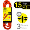 Elink - 3 Outlet Outdoor Electrical Extension Cord, 15 Feet Length, Orange - - Mounts For Less