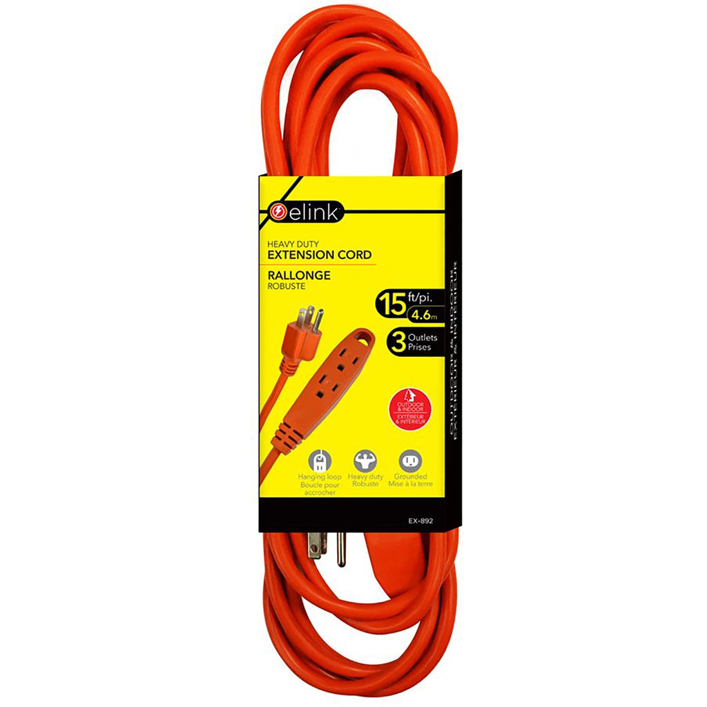 Elink - 3 Outlet Outdoor Electrical Extension Cord, 15 Feet Length, Orange - - Mounts For Less