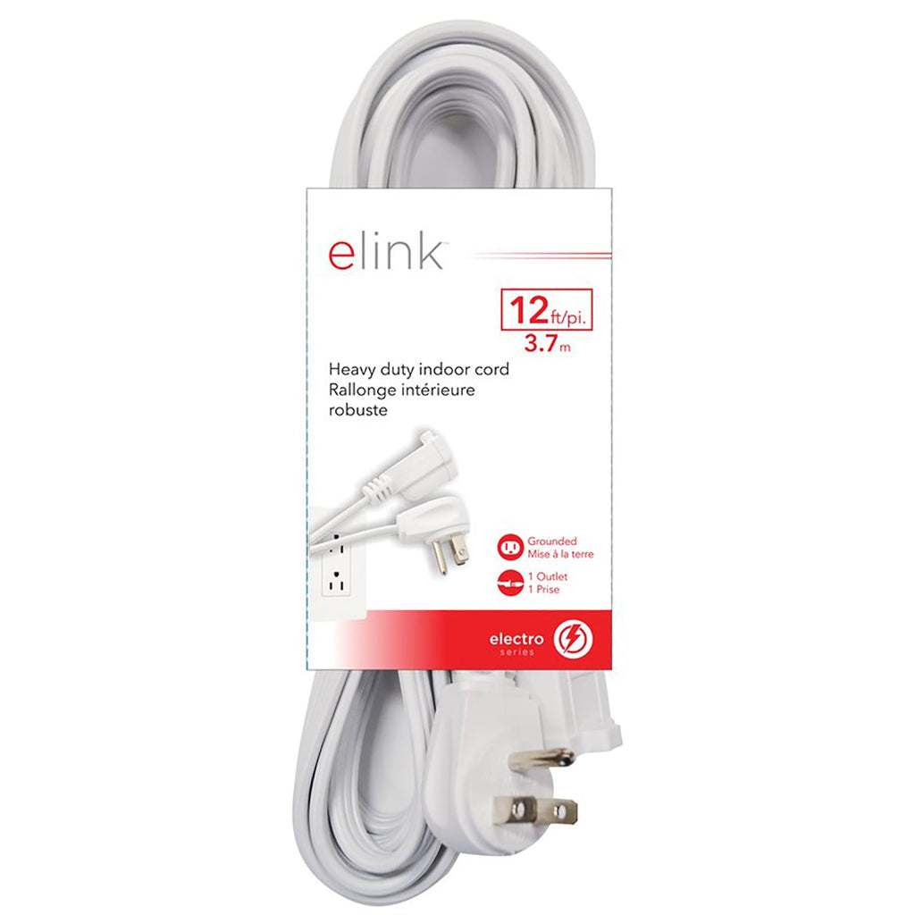 Elink - Indoor Electrical Extension Cord, 1 Outlet, 12 Feet Length, White - - Mounts For Less