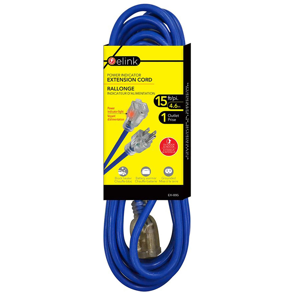 Elink - Outdoor Extension Cord with Power Indicator Light, 15 Feet Length, Blue - - Mounts For Less
