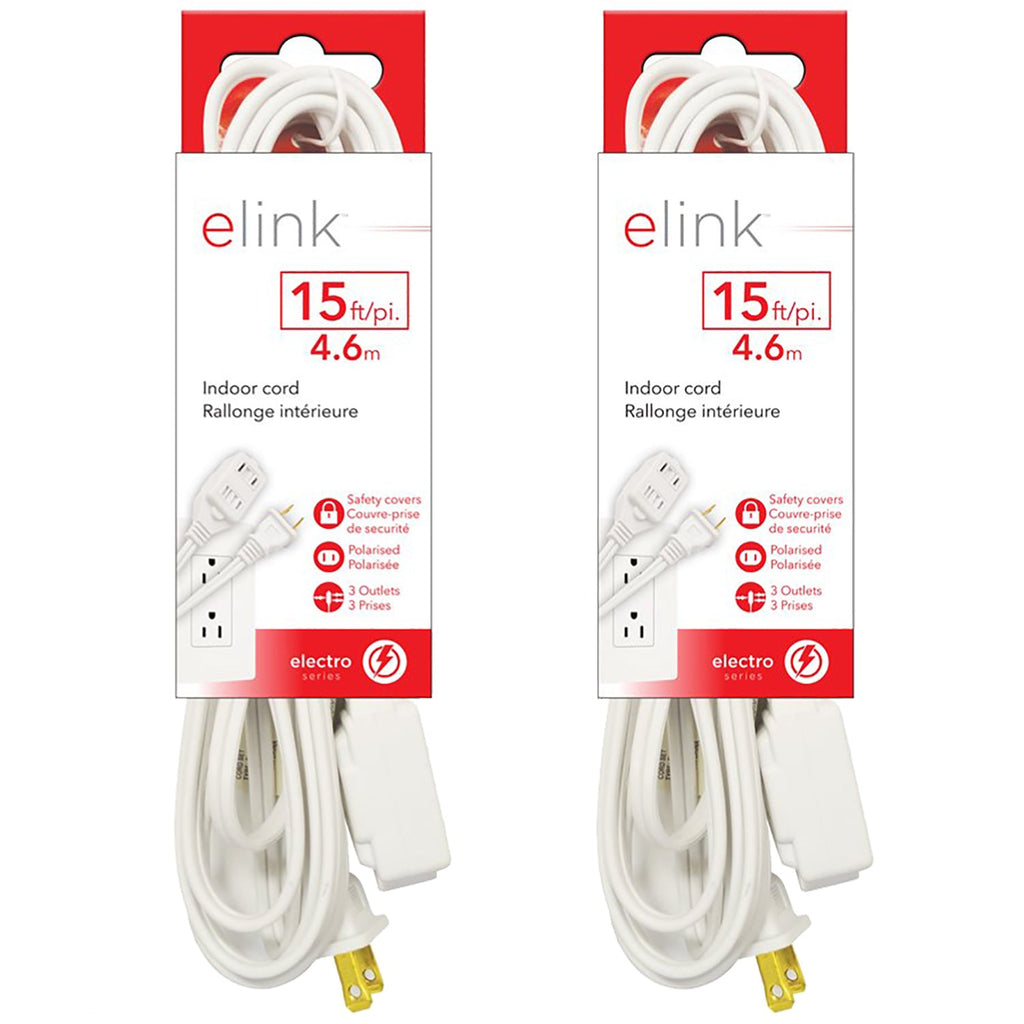 Elink - Set of 2 3-Outlet Indoor Electrical Extension Cords, 15 Feet Length, White - - Mounts For Less