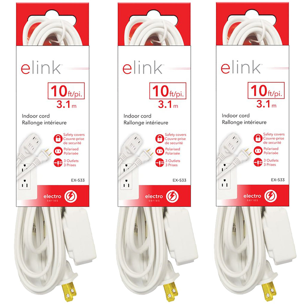 Elink - Set of 3 3-Outlet Indoor Electrical Extension Cords, 10 Feet Length, White - - Mounts For Less