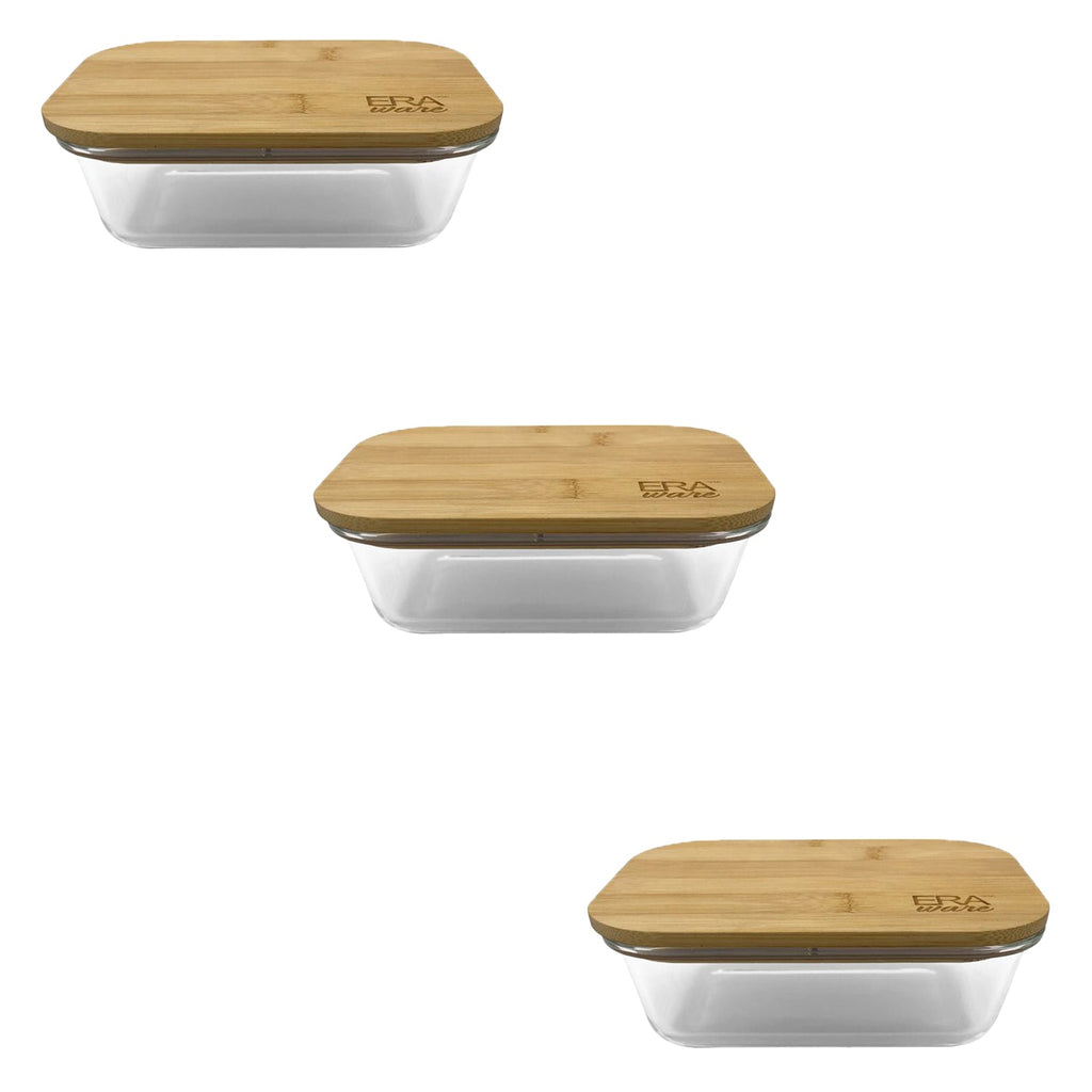 EraWare - Set of 3 Borosilicate Glass Container, Bamboo Lid, Oven Safe, 370ml - - Mounts For Less
