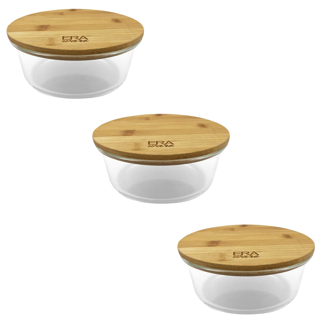 EraWare - Set of 3 Borosilicate Glass Container, Bamboo Lid, Oven Safe, 400ml - - Mounts For Less