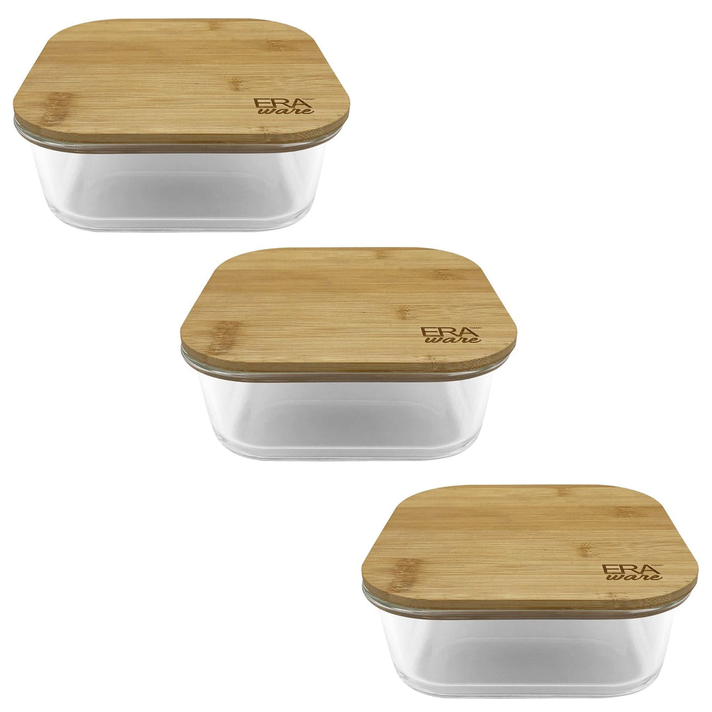 EraWare - Set of 3 Borosilicate Glass Container, Bamboo Lid, Oven Safe, 520ml - - Mounts For Less