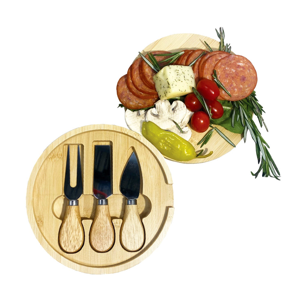 JS Gourmet - 2 in 1 Round Cheese Board and 3 Knives Set - - Mounts For Less