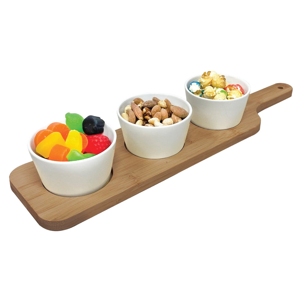 JS Gourmet - 4 Piece Serving Set, Bamboo Tray, Ceramic Bowls - - Mounts For Less