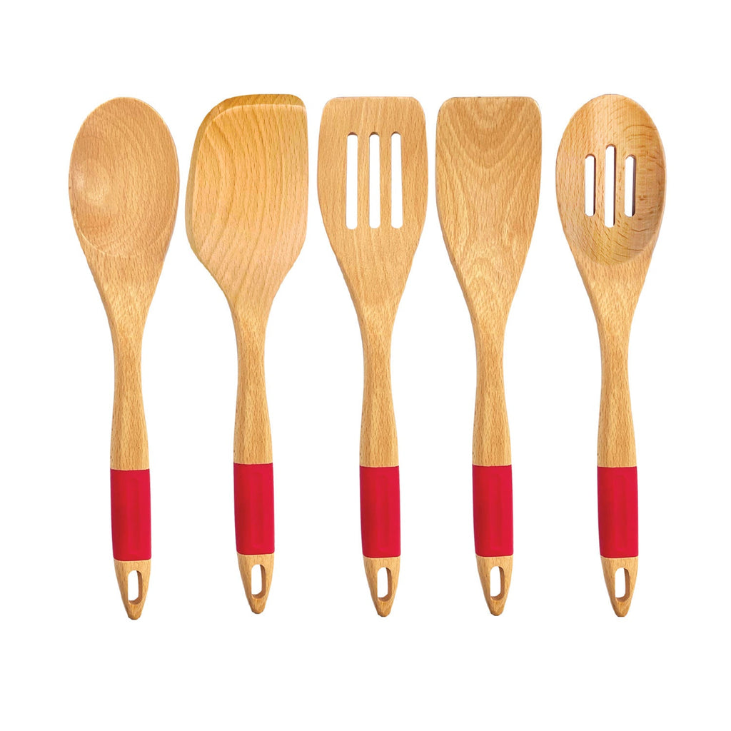 JS Gourmet - 5 Piece Beech Wood and Silicone Kitchen Utensil Set, Red - - Mounts For Less