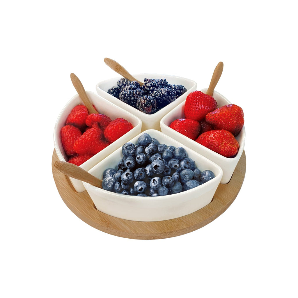 JS Gourmet - Appetizer Serving Set, Bamboo Tray, Ceramic Bowls and Spoons - - Mounts For Less