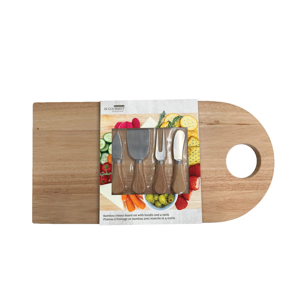 JS Gourmet - Bamboo Cheese Board with Handle and 4 Stainless Steel Tools - - Mounts For Less