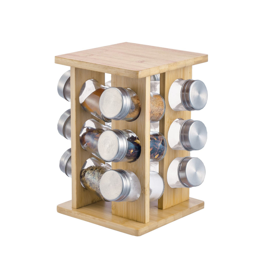 JS Gourmet - Set of 12 Spice Jars with Rotating Bamboo Stand - - Mounts For Less