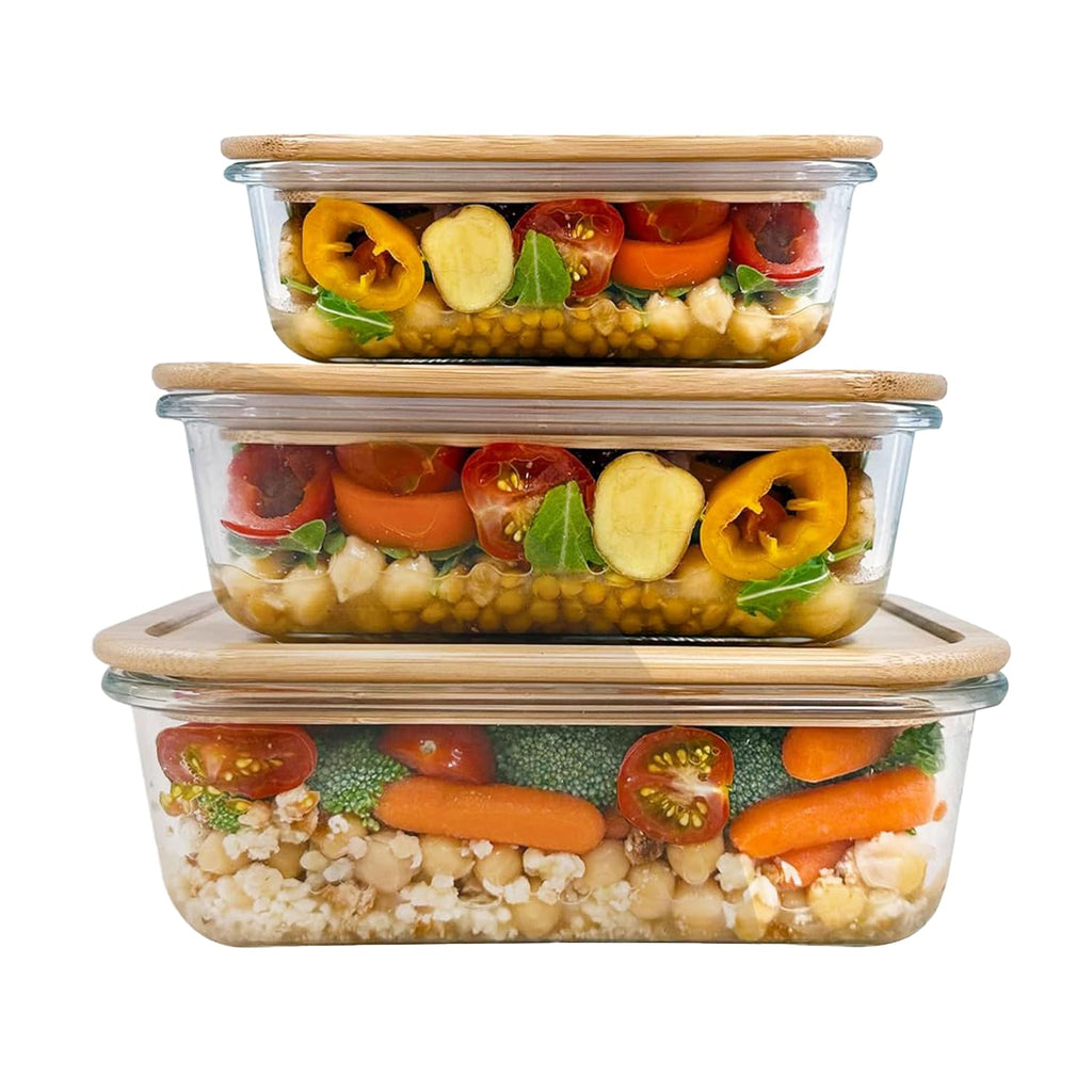 JS Gourmet - Set of 3 Food Containers, Bamboo Lid, Oven Safe - - Mounts For Less