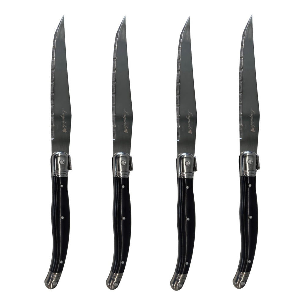 JS Gourmet - Set of 4 Laguiole Steak Knives, Stainless Steel Blade, Black Handles - - Mounts For Less