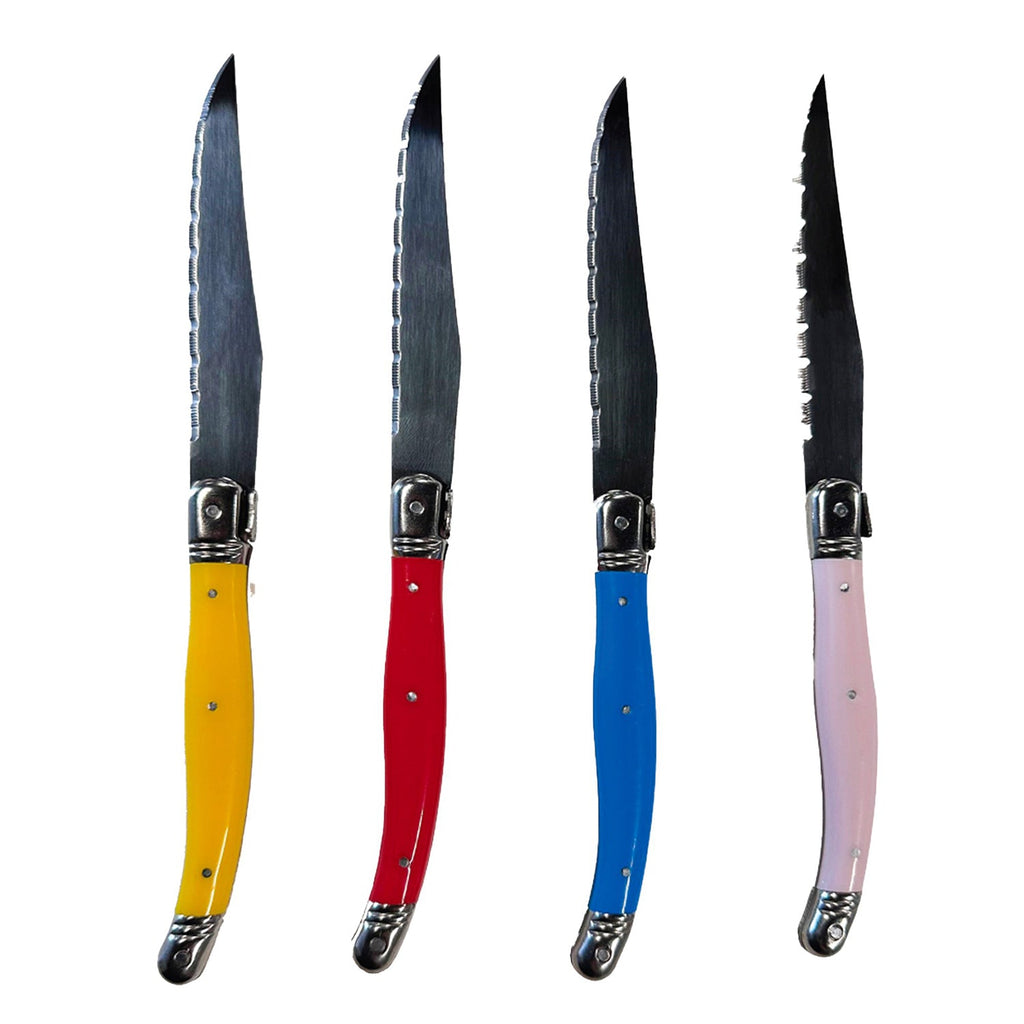 JS Gourmet - Set of 4 Laguiole Steak Knives, Stainless Steel Blade, Multicolored Handles - - Mounts For Less