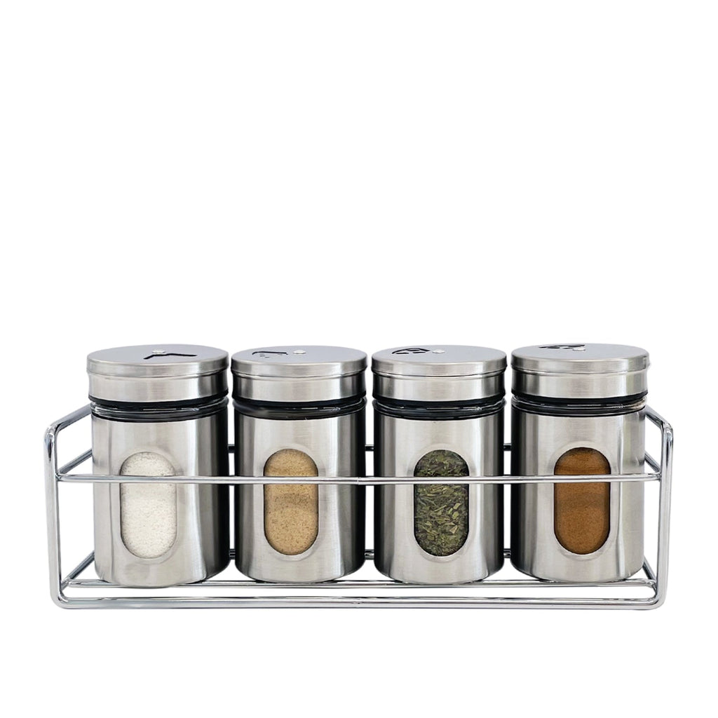 JS Gourmet - Set of 4 Spice Containers with Storage Tray, Stainless Steel - - Mounts For Less