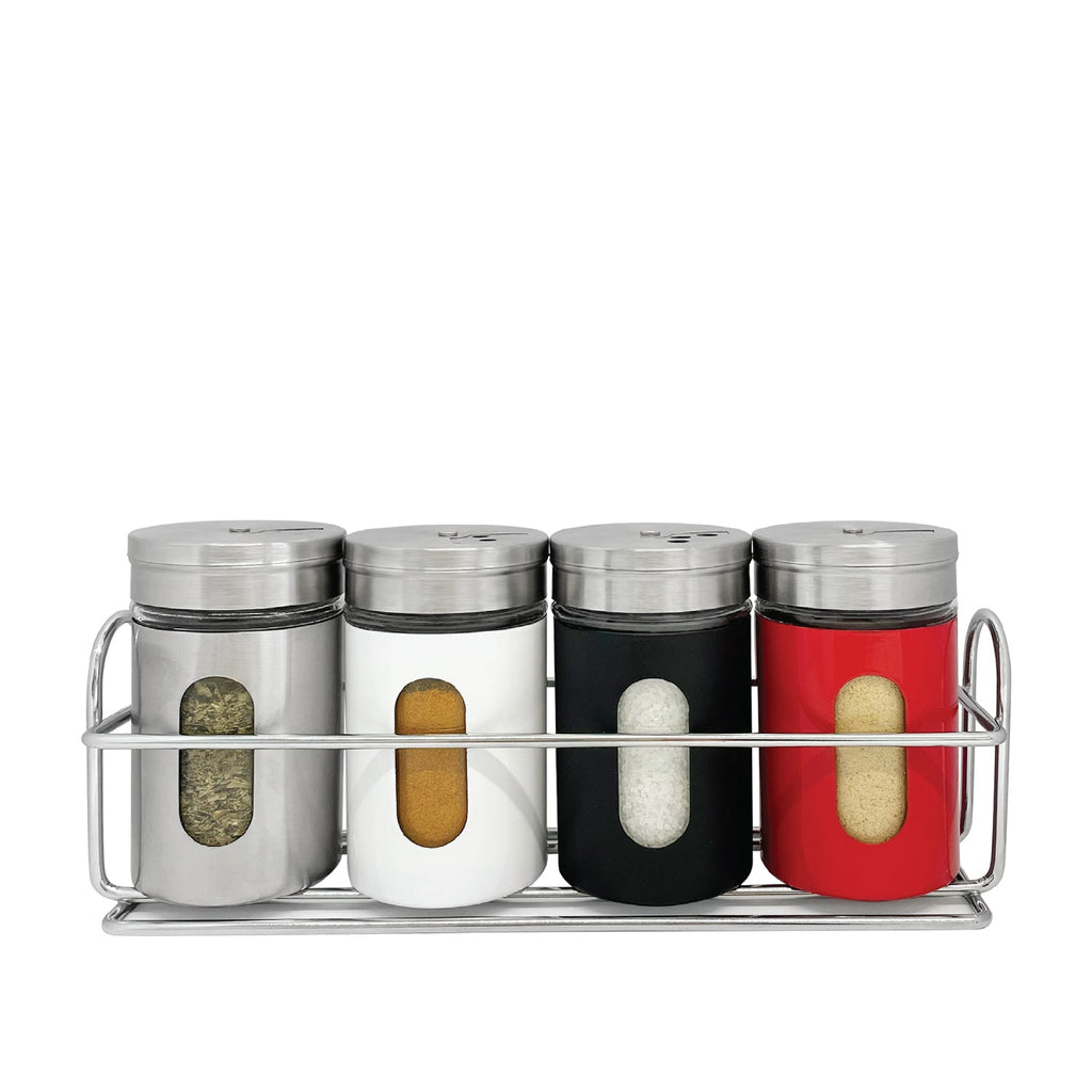 JS Gourmet - Set of 4 Spice Jars with Storage Tray, Stainless Steel - - Mounts For Less
