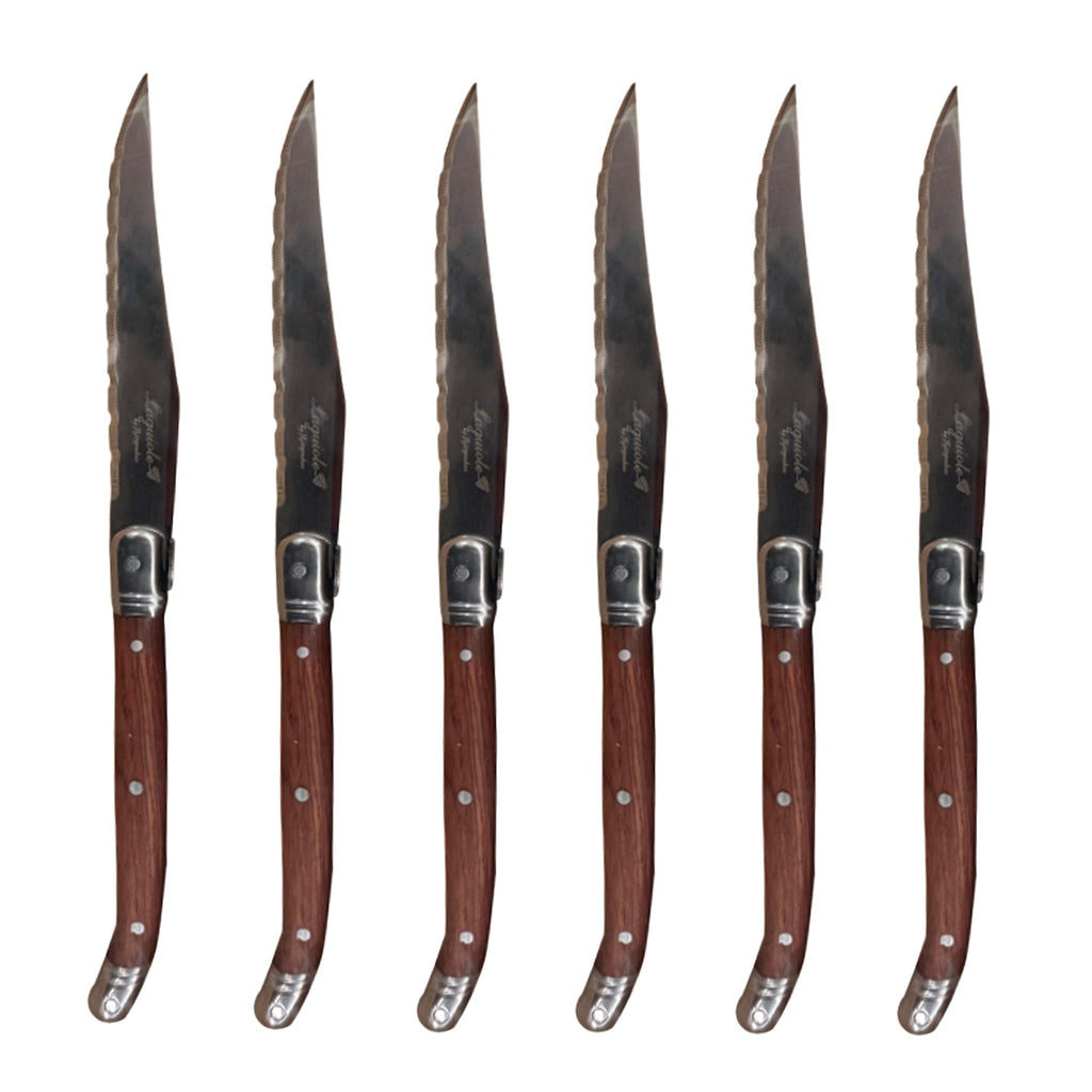 JS Gourmet - Set of 6 Laguiole Steak Knives, Stainless Steel Blade, Wooden Handles - - Mounts For Less
