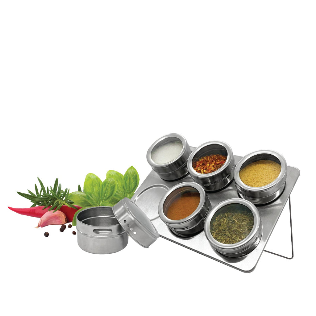 JS Gourmet - Set of 6 Magnetic Spice Jars with Storage Tray, Stainless Steel - - Mounts For Less