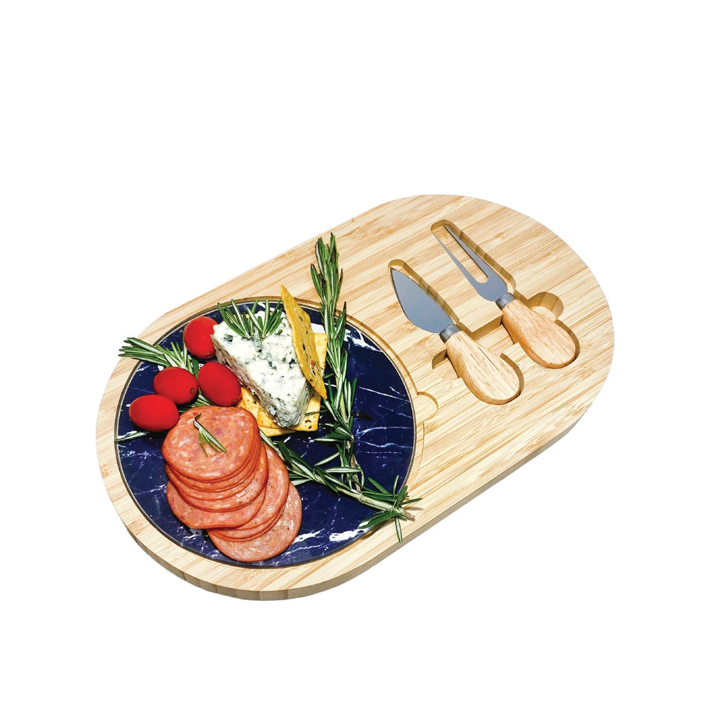 JS Gourmet - Wooden and Marble Serving Board with 2 Cheese Knives - - Mounts For Less