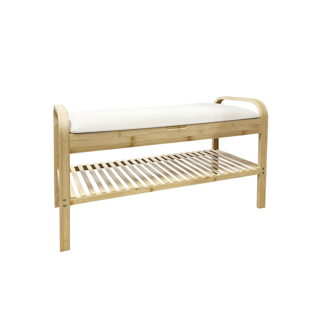 Jessar - Entryway Stool with Shoe Storage, Padded Seat, Bamboo Frame - - Mounts For Less