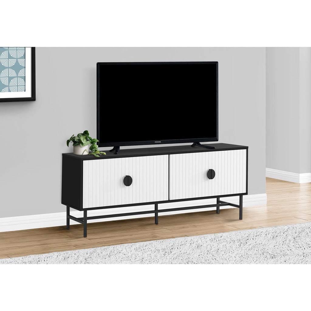Monarch Specialties I 2732 - Tv Stand, 60 Inch, Console, Media Entertainment Center, Storage Cabinet, Living Room, Bedroom, Black And White Laminate, Black Metal, Contemporary, Modern - - Mounts For Less