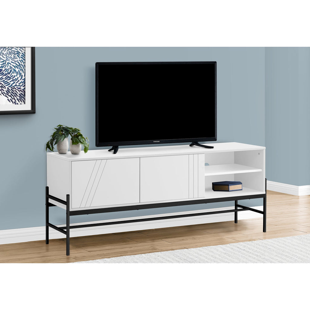 Monarch Specialties I 2738 - Tv Stand, 60 Inch, Console, Media Entertainment Center, Storage Cabinet, Living Room, Bedroom, White Laminate, Black Metal, Contemporary, Modern - - Mounts For Less