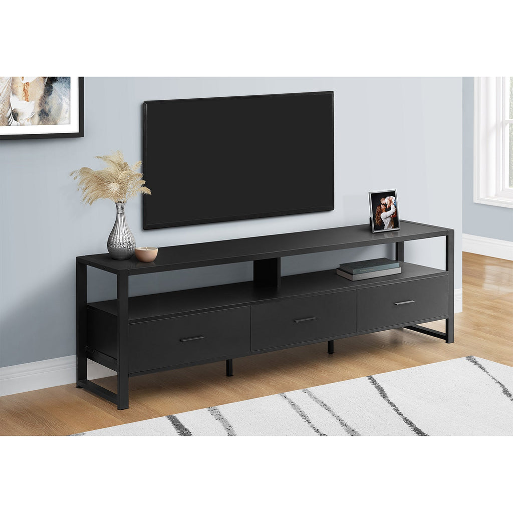 Monarch Specialties I 2845 - Tv Stand, 72 Inch, Media Entertainment Center, Storage Drawers, Black Laminate, Black Metal, Contemporary, Modern - - Mounts For Less