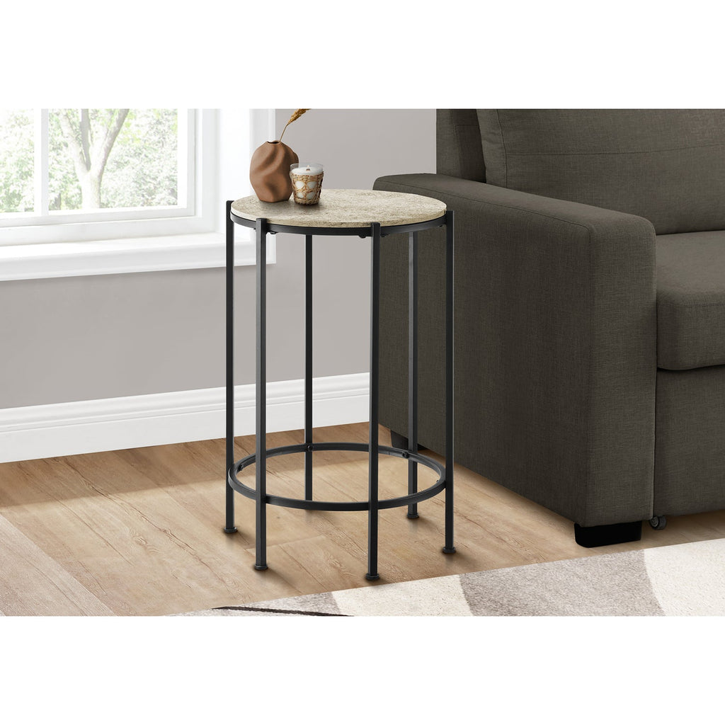 Monarch Specialties I 3758 - Accent Table, End, Round, Side Table, Small, Lamp, Living Room, Bedroom, Nightstand, Cream Stone Laminate, Black Metal, Contemporary - - Mounts For Less