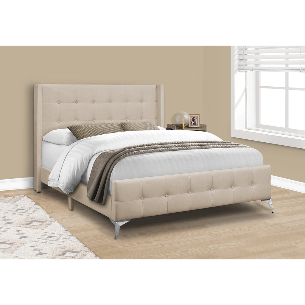 Monarch Specialties I 6041Q - Bed, Queen Size, Bedroom, Frame, Upholstered, Beige Linen Look, Chrome Metal Legs, Transitional - - Mounts For Less