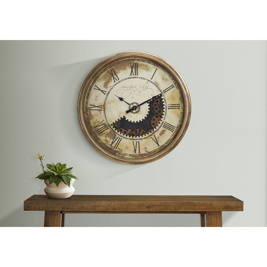 Monarch Specialties I 9034 - Clocks, 30" Round, Gear Mechanism, Large Oversized, Wall Clock, Antique Gold, Transitional" - - Mounts For Less