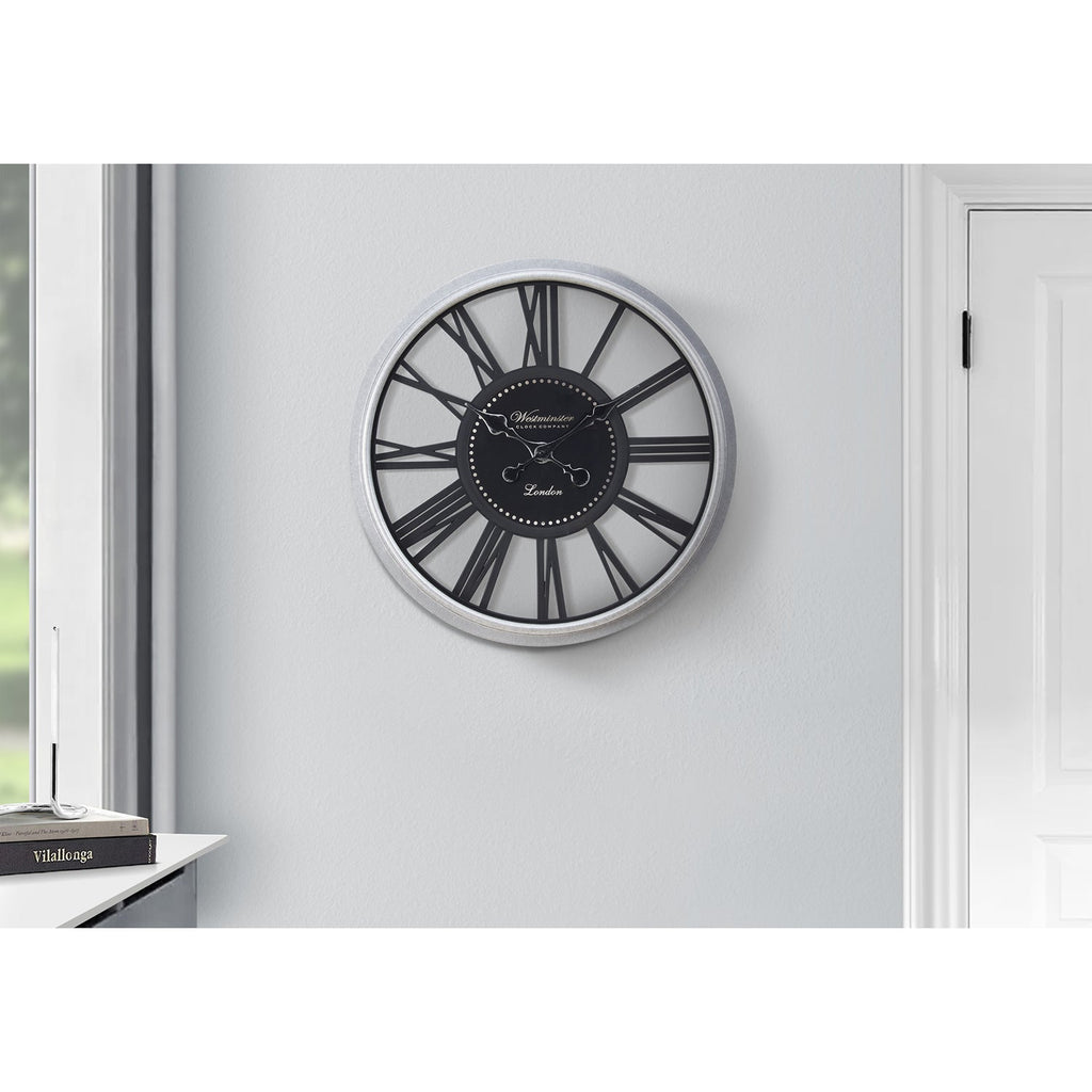 Monarch Specialties I 9056 - Clocks, 20" Round, Wall Clock, Black, Silver, Transitional - - Mounts For Less