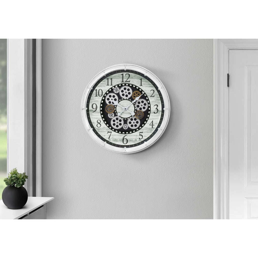Monarch Specialties I 9059 - Clocks, 20" Round, Gear Mechanism, Wall Clock, Antique White, Transitional - - Mounts For Less