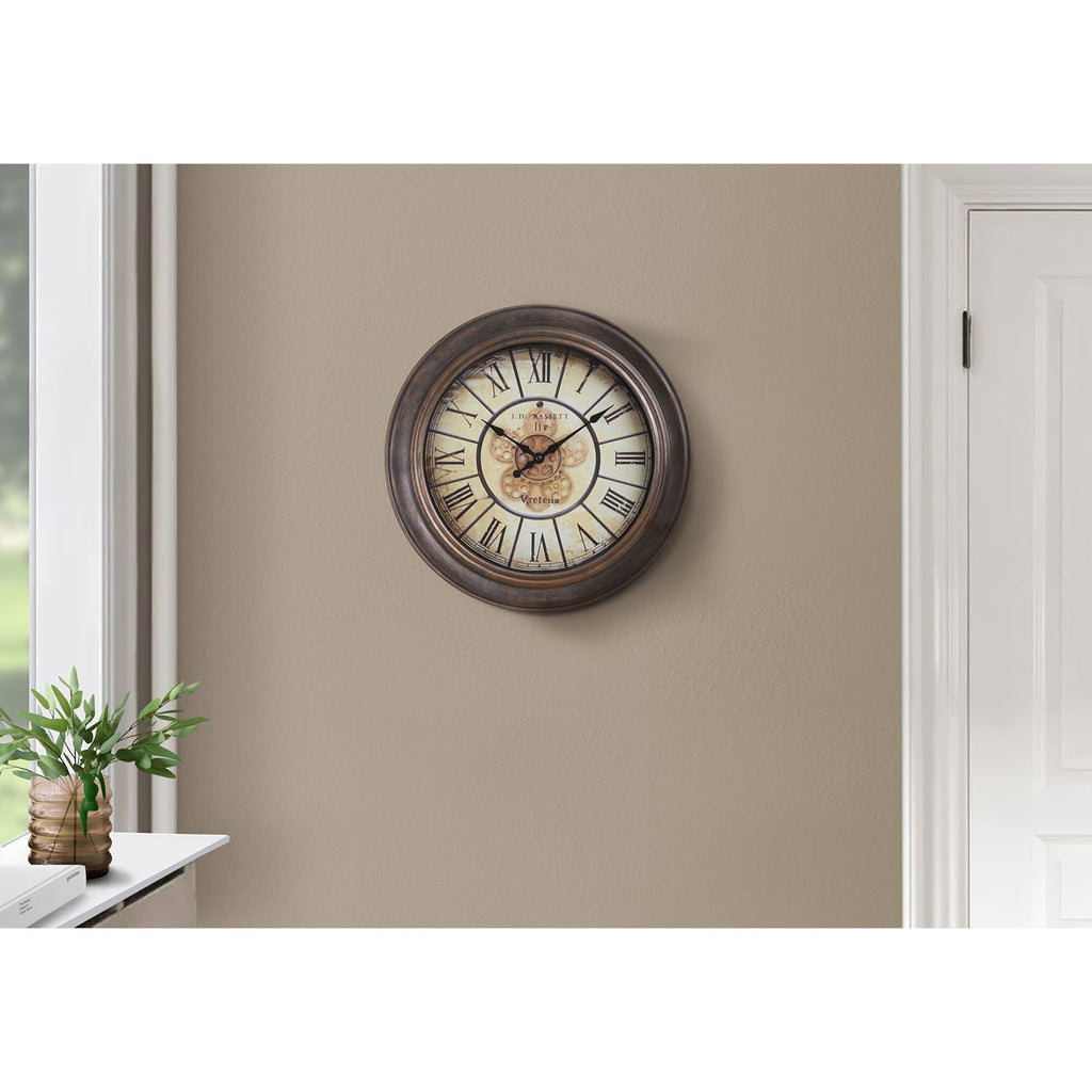 Monarch Specialties I 9081 - Clocks, 15" Round, Wall Clock, Antique Brown, Transitional - - Mounts For Less