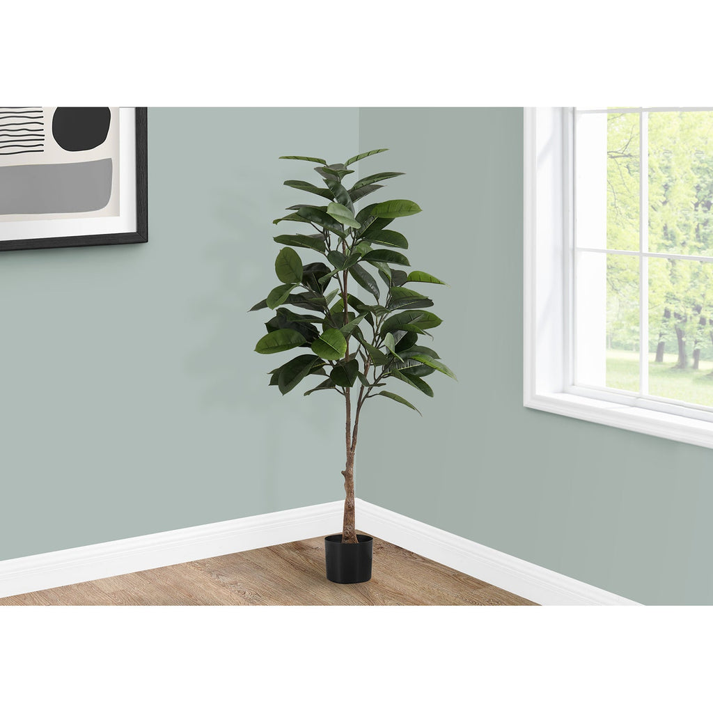 Monarch Specialties I 9514 - Artificial Plant, 52" Tall, Rubber Tree, Indoor, Faux, Fake, Floor, Greenery, Potted, Real Touch, Decorative, Green Leaves, Black Pot - - Mounts For Less