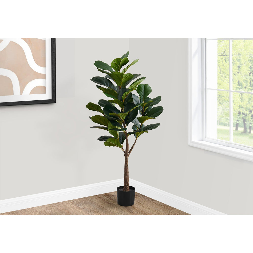 Monarch Specialties I 9515 - Artificial Plant, 47" Tall, Fiddle Tree, Indoor, Faux, Fake, Floor, Greenery, Potted, Real Touch, Decorative, Green Leaves, Black Pot - - Mounts For Less