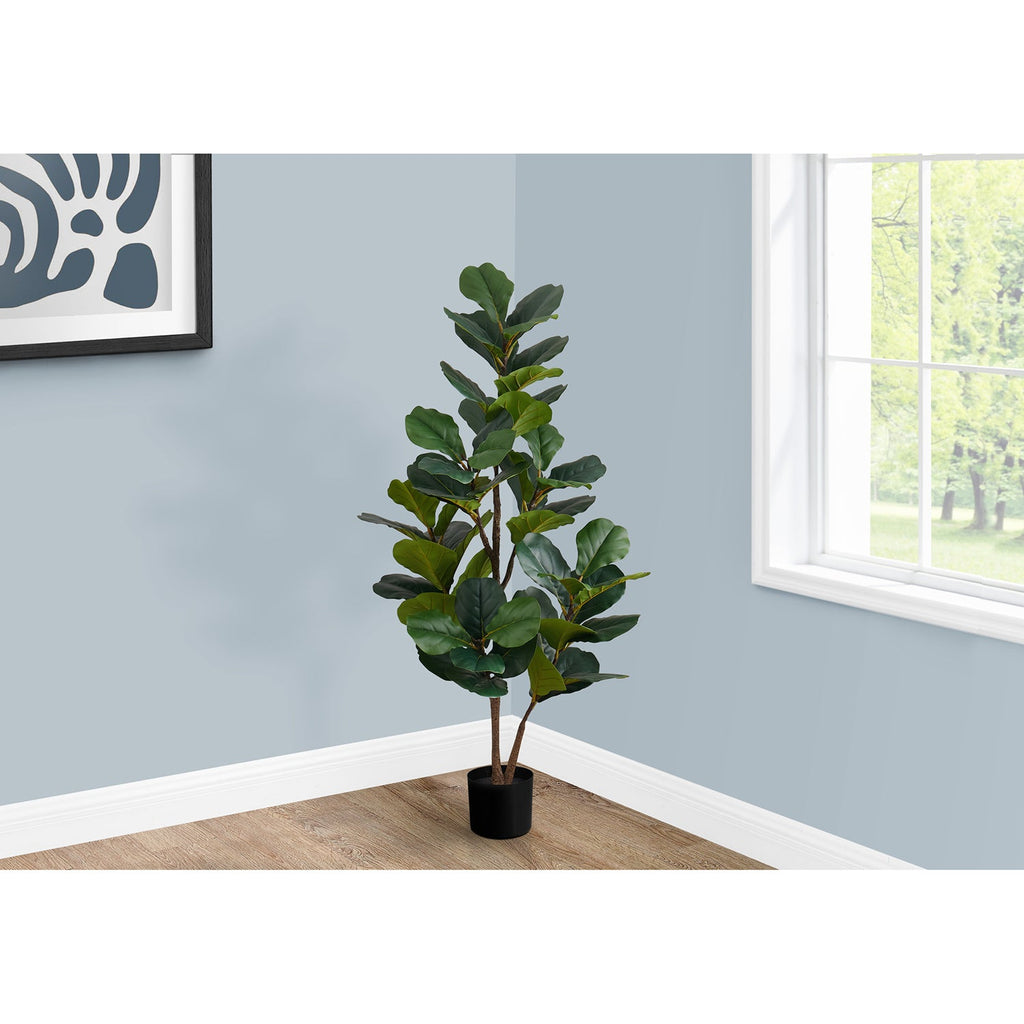Monarch Specialties I 9517 - Artificial Plant, 49" Tall, Fiddle Tree, Indoor, Faux, Fake, Floor, Greenery, Potted, Real Touch, Decorative, Green Leaves, Black Pot - - Mounts For Less