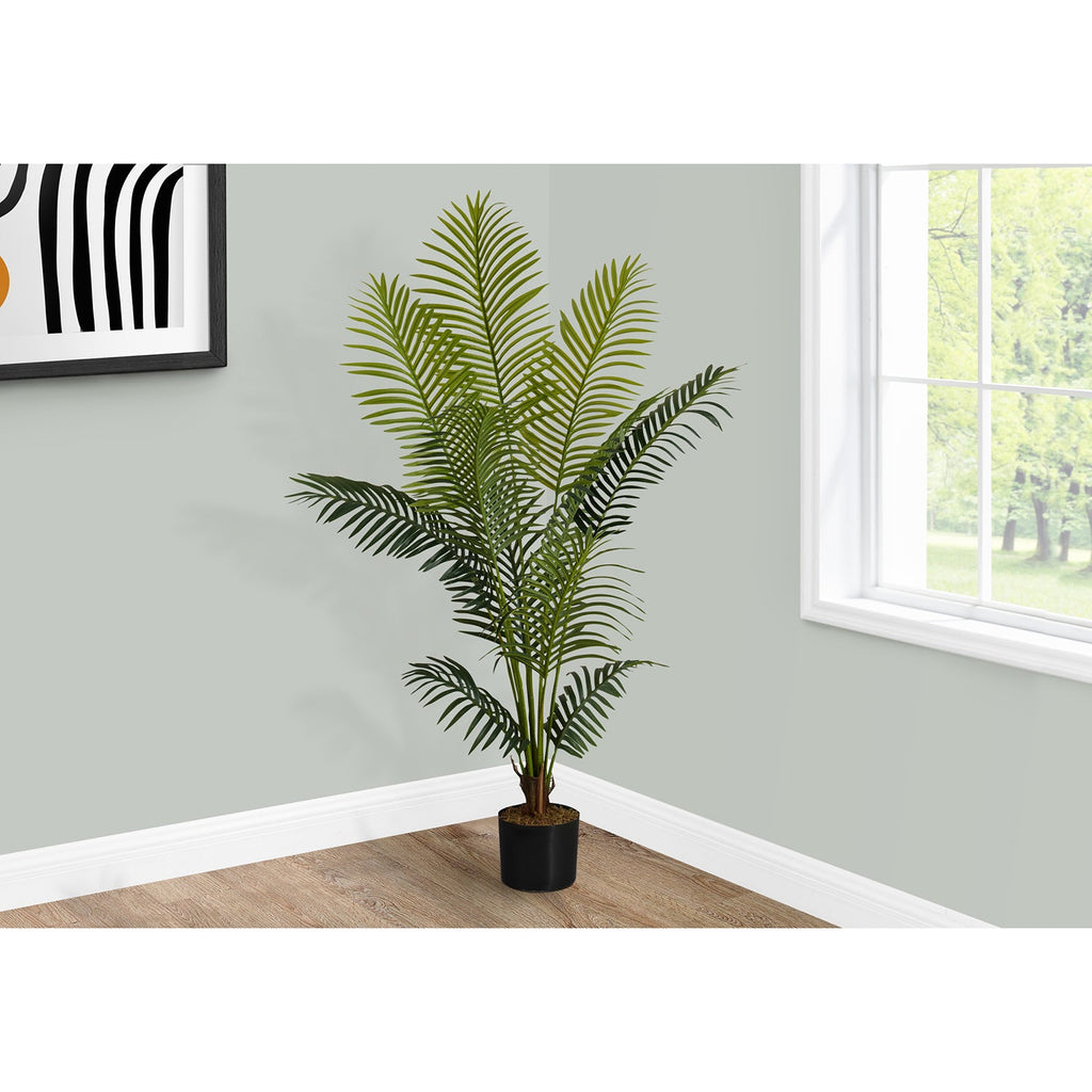 Monarch Specialties I 9536 - Artificial Plant, 57" Tall, Palm Tree, Indoor, Faux, Fake, Floor, Greenery, Potted, Real Touch, Decorative, Green Leaves, Black Pot - - Mounts For Less