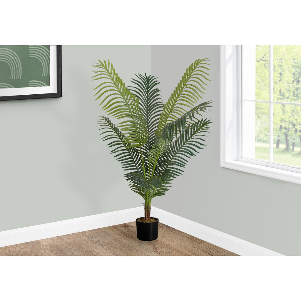 Monarch Specialties I 9537 - Artificial Plant, 47" Tall, Palm Tree, Indoor, Faux, Fake, Floor, Greenery, Potted, Real Touch, Decorative, Green Leaves, Black Pot - - Mounts For Less