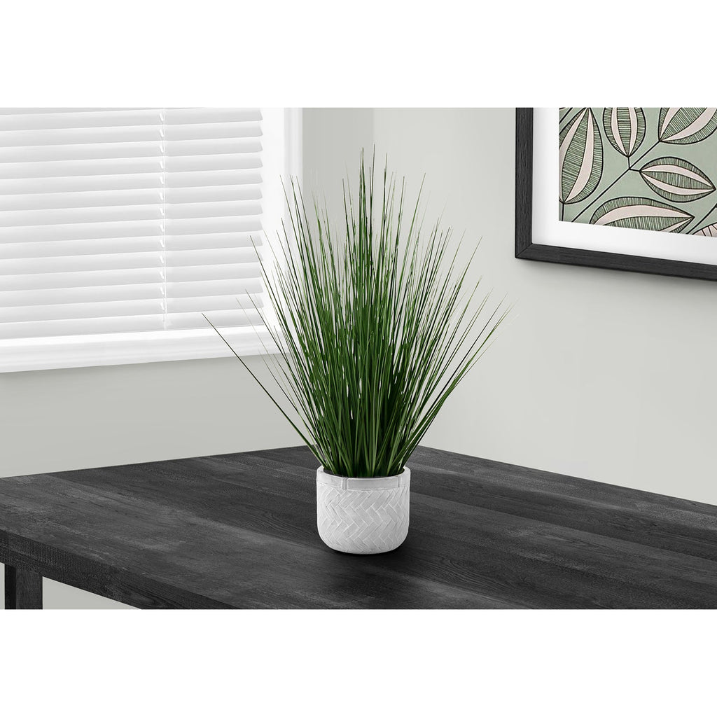 Monarch Specialties I 9574 - Artificial Plant, 21" Tall, Grass, Indoor, Faux, Fake, Table, Greenery, Potted, Real Touch, Decorative, Green Grass, White Pot - - Mounts For Less