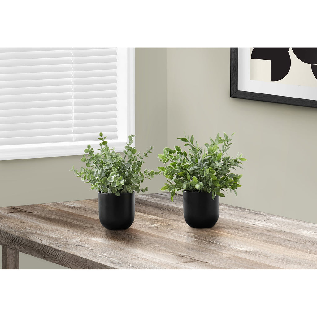 Monarch Specialties I 9580 - Artificial Plant, 11" Tall, Eucalyptus Grass, Indoor, Faux, Fake, Table, Greenery, Potted, Set Of 2, Decorative, Green Leaves, Black Pots - - Mounts For Less