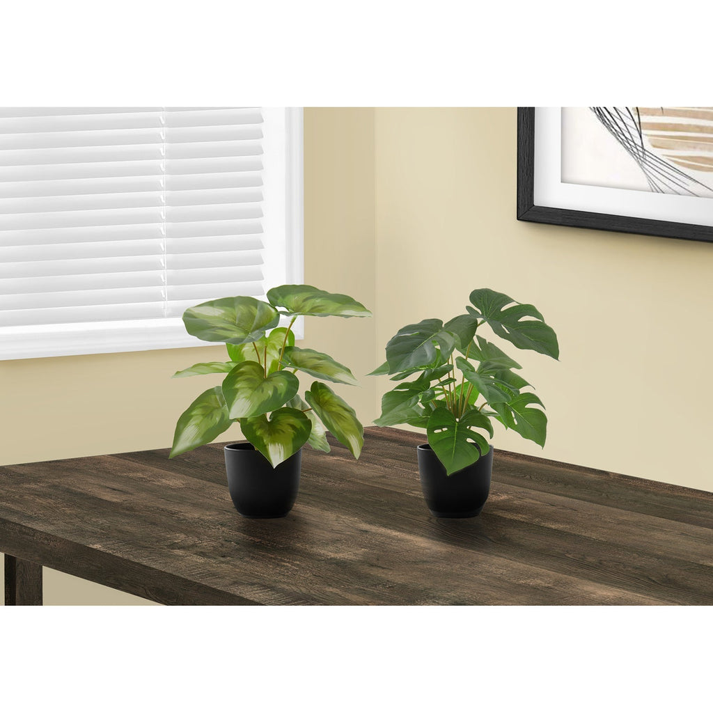 Monarch Specialties I 9584 - Artificial Plant, 13" Tall, Monstera Calathea, Indoor, Faux, Fake, Table, Greenery, Potted, Set Of 2, Decorative, Green Leaves, Black Pots - - Mounts For Less