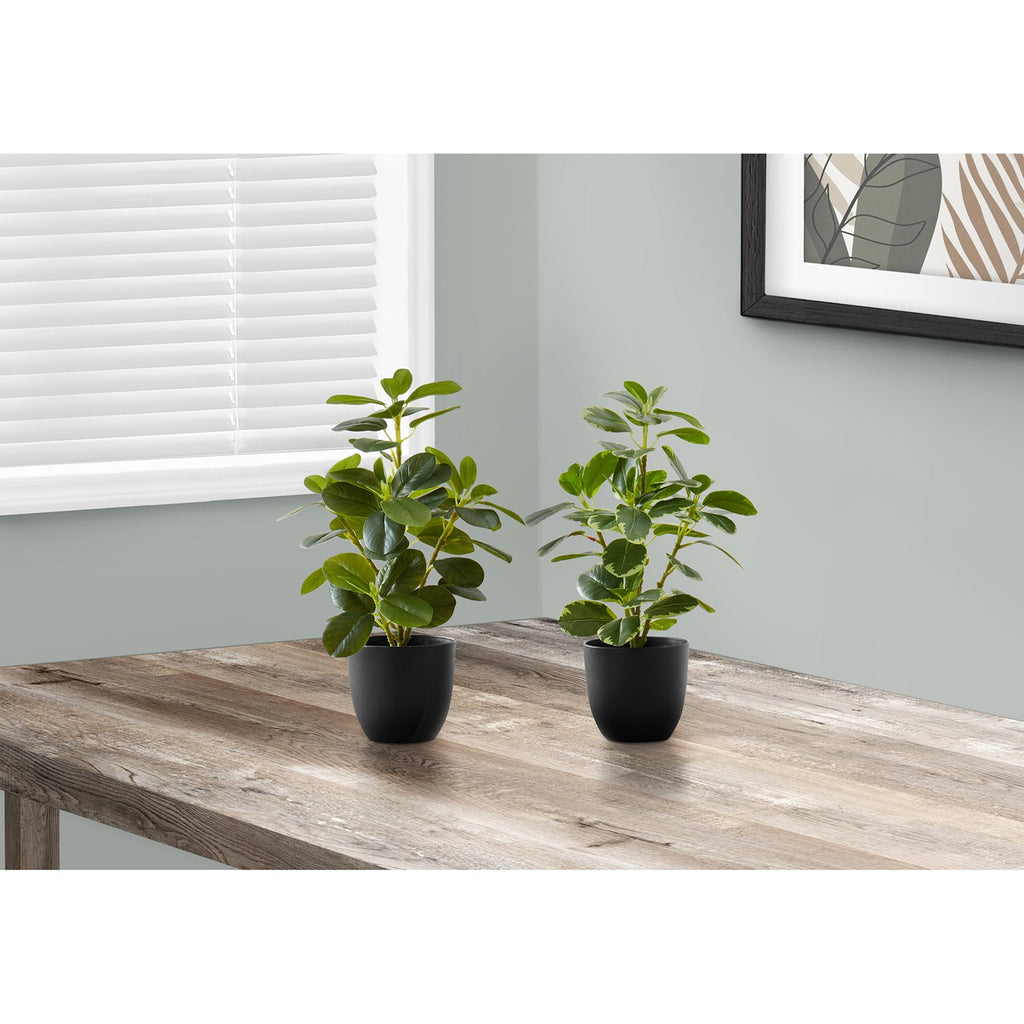 Monarch Specialties I 9585 - Artificial Plant, 14" Tall, Ficus, Indoor, Faux, Fake, Table, Greenery, Potted, Set Of 2, Decorative, Green Leaves, Black Pots - - Mounts For Less