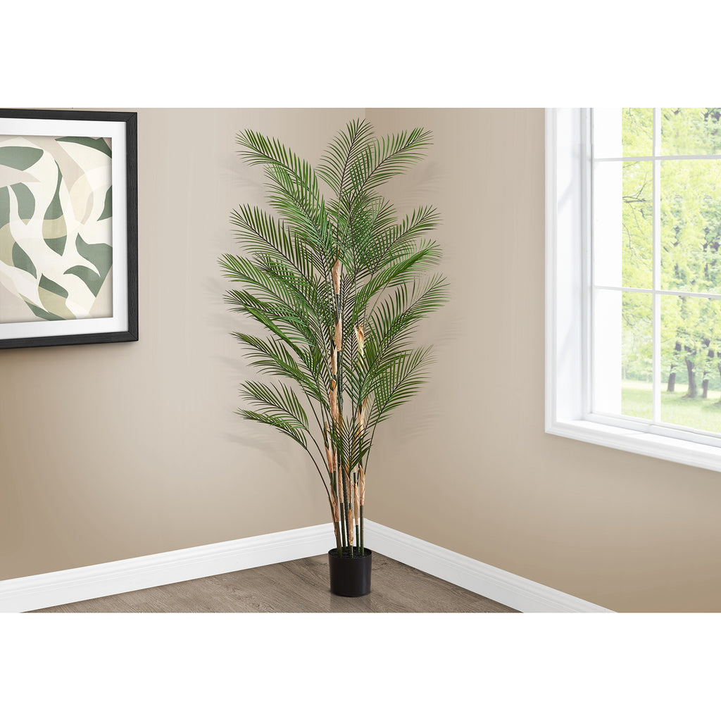 Monarch Specialties I 9590 - Artificial Plant, 83" Tall, Palm Tree, Decorative, Floor, Indoor, Potted, Real Touch, Green Leaves, Black Pot - - Mounts For Less