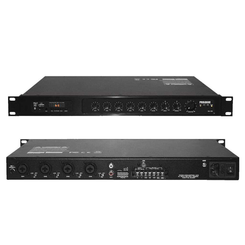 Prologue SA-120 - 120W RMS Mono Amplifier, 70V and 8 ohms Outputs, 4 Microphone/line inputs, 1 stereo AUX input, MP3 USB-SD Player, Tuner, Bluetooth, 1U - - Mounts For Less